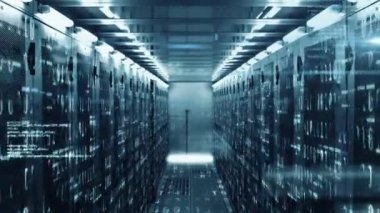 Bilgi işleme ve dijital bilginin animasyonu bir sunucu odasındaki bilgisayar sunucu ağında yüzey üzerinde ışık izleri parlayarak akıyor..