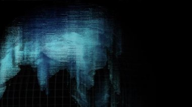 Siyah arkaplan üzerinde hareket eden veri işleme kesintisi ile beyaz ızgara titreyen dönen mavi parlayan dijital dünyanın animasyonu. 