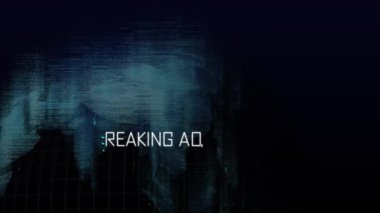 Beyaz ve dönen mavi parlayan dijital küreyle yazılmış flaş haber kelimelerinin animasyonu. Beyaz ızgara titreşiyor ve veri işleme kesintisi siyah arkaplan üzerinde hareket ediyor..