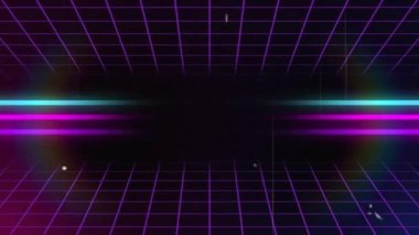 Üzerinde parlak mor ve mavi yatay çizgiler, gökkuşağı parıltısı ve mor ağ ile siyah zemin üzerinde hızla hareket eden birden fazla beyaz parlayan yıldız beneklerinin animasyonu.