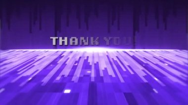 Pikselleştirilmiş kelimelerle klasik video oyunu ekranının animasyonu Teşekkür ederim! Beyaz harflerle yazılmış. Mor arkaplanda titreşiyor. Hareketli ışık yolları pürüzsüz bir döngü içinde..