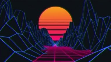 Mavi dağların 3d topografik haritasının animasyonu, çizgili turuncu daire ve koyu arkaplanda hareket eden pembe ızgara