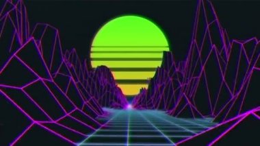 Mor dağların 3d topografik haritasının animasyonu, çizgili parlayan yeşil daire ve yeşil ızgara titreşen yatay çizgi ile koyu arkaplan üzerinde hareket ediyor
