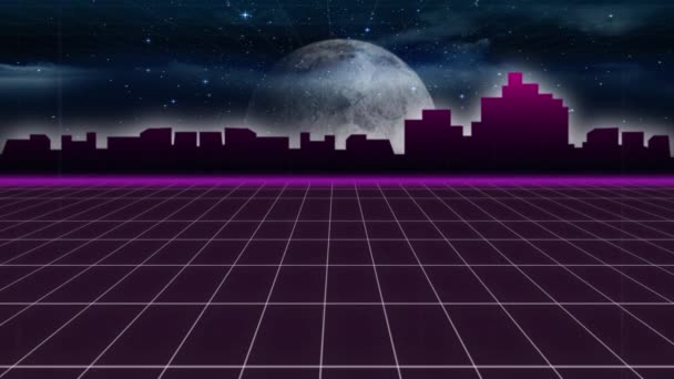 Animation Stadsbilden Natten Med Glödande Fullmåne Och Lila Rutnät Förgrunden — Stockvideo