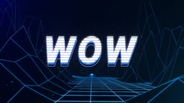 Анимация Винтажного Экрана Видеоигры Словом Wow Написанным Белыми Синими Буквами — стоковое видео