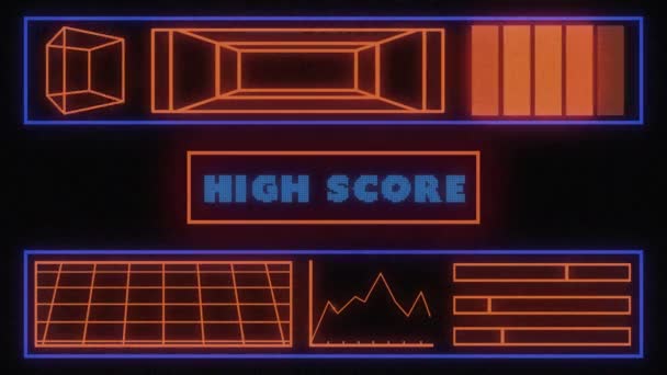 青文字で書かれた単語高得点とヴィンテージビデオゲーム画面のアニメーションが表示され 暗い青の背景にちらつきゲームコントロールダッシュボードインターフェイスで消えます — ストック動画