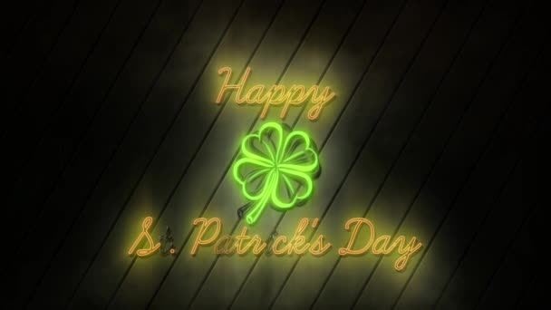 用霓虹灯闪烁的黄色字母和霓虹灯发光的绿色洗发水在黑色背景上书写的圣帕特里克快乐日这几个字的动画 — 图库视频影像