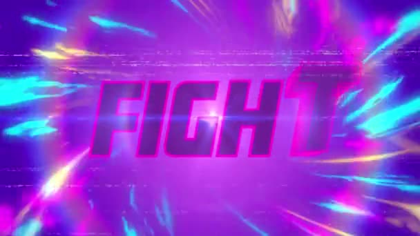単語とヴィンテージビデオゲーム画面のアニメーション紫色の背景に多色のライトトレイルとピンクの円で輝くピンクの文字で書かれた戦い — ストック動画