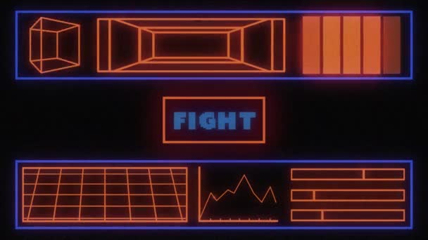 Animáció a vintage videojáték képernyőn a szó Küzdelem írt kék betűkkel megjelenő és eltűnő villogó játék vezérlő műszerfal interfész sötétkék háttér. 