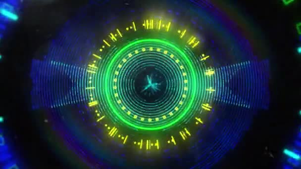 Animación Brillantes Círculos Caleidoscopio Neón Amarillo Verde Azul Que Mueven — Vídeos de Stock