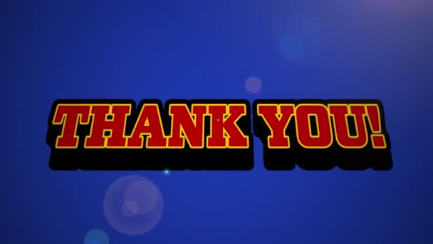 谢谢你 字样的老式电子游戏屏幕动画 用红字写在语音泡沫上 蓝色背景上闪烁着蓝光 — 图库视频影像