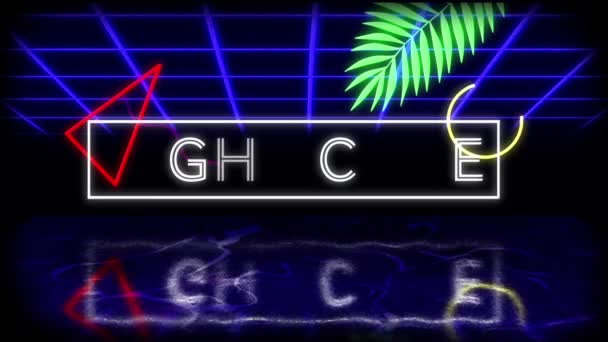 Animation of vintage video game screen with flickering words High Score írt izzó fehér neon betűk fehér keretben levél, mozgó geometriai formák és kék izzó rács tükröződik a felszínen fekete alapon.
