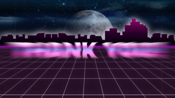 用粉色金属字母写着 谢谢你 字样的老式电子游戏屏幕动画出现在网格上 消失在无缝的循环中 夜晚的月亮和城市景观中 — 图库视频影像