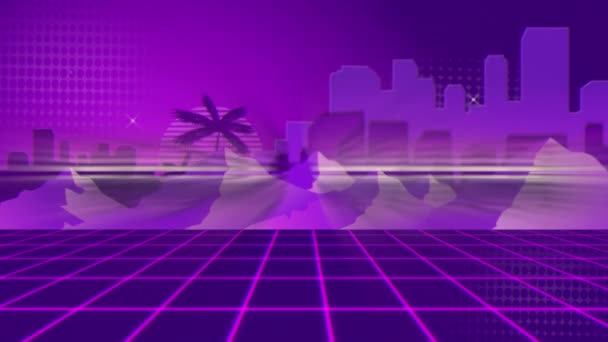 あなたが勝つ言葉でヴィンテージビデオゲーム画面のアニメーション 山やヤシの木や街並みや星を紫色の模様の背景に紫色の格子状に浮かび上がったり消えたりするピンクや紫の金属の文字で書かれています — ストック動画