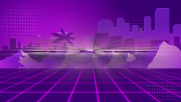 用粉色和紫色金属字母书写的 这个词在紫色网格上出现和消失 有高山 棕榈树 城市景观和紫色图案背景上的星星 — 图库视频影像