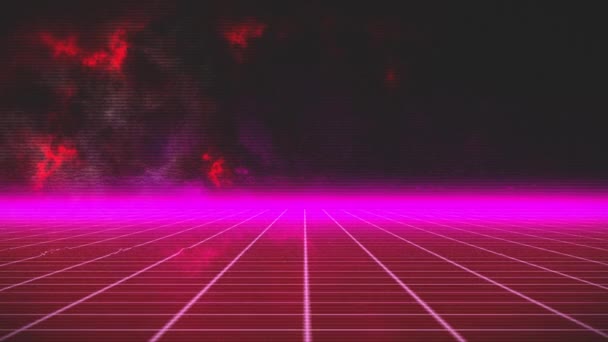 Animation Moving Pink Grid Horizontal Glowing Pink Line Red Clouds — Stock Video