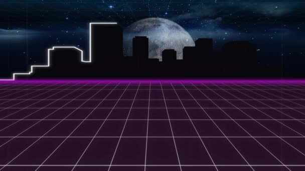 前景に輝く満月と紫のグリッドと夜の街並みのアニメーション — ストック動画