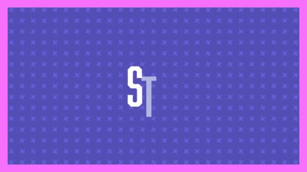 単語とヴィンテージビデオゲーム画面のアニメーションピンクのフレームで紫色のパターン化された背景に現れ 消える白い文字で書き始めます — ストック動画
