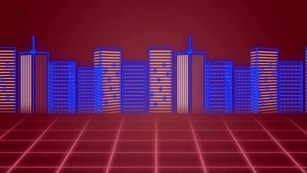 赤を背景に青と赤のグリッドで描かれた立体都市のアニメーション — ストック動画