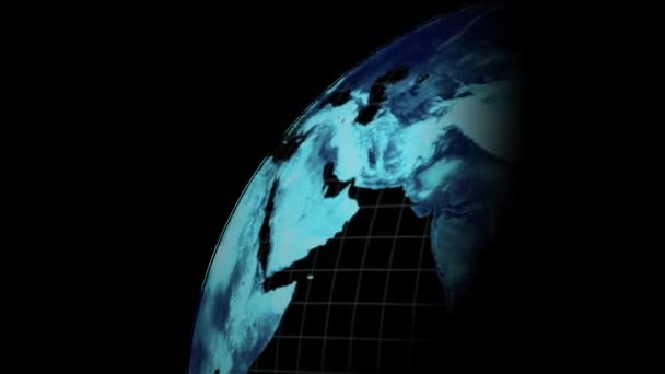 Animation d'un globe numérique rotatif bleu brillant scintillant avec interruption du traitement des données avec grille blanche sur fond noir. Concept de réseau mondial de technologie et d'information .