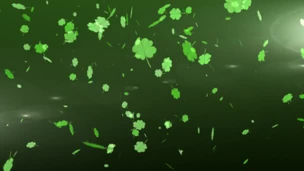 Animatie Van Patrick Day Meervoudige Glinsterende Drijvende Groene Shamrocks Met — Stockvideo