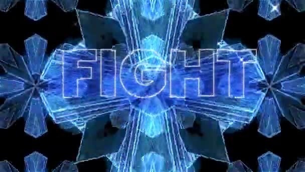Animation d'écran de jeu vidéo vintage avec le mot Combat écrit en lettres majuscules de contour blanc ondulant sur kaléidoscope bleu se déplaçant en mouvement hypnotique .