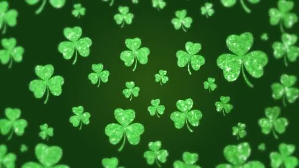 Animation Patrick Day Multiple Shimmering Green Shamrocks Falling Slow Motion — стоковое видео