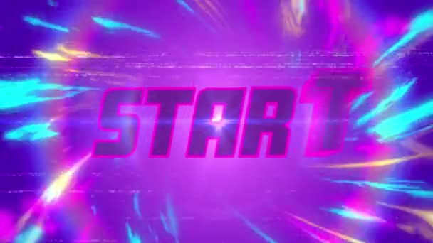 고전적 비디오 애니메이션에서 Start 이라는 단어가 보라색 배경에 원으로 빛나는 — 비디오
