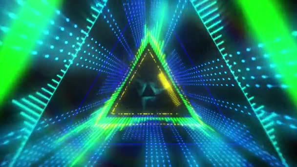 Animação Triângulos Caleidoscópio Néon Amarelo Verde Azul Brilhante Movendo Repetição — Vídeo de Stock