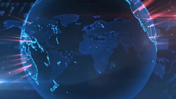 Animation du mot Nouvelles écrites en bleu avec globe numérique bleu lumineux avec éclairs rouges de lumière tournant sur fond bleu et rouge lumineux . 