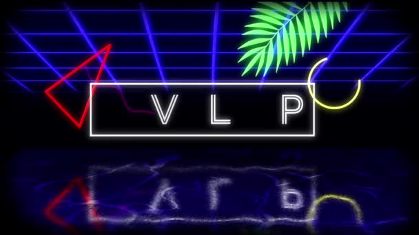 Animation of vintage video game screen with the flickering words Level Up written in izzó fehér neon betűk fehér keretben levél, mozgó geometrikus formák és kék izzó rács tükröződik a felszínen fekete háttér.