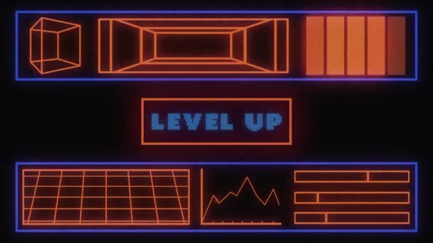 Animation Vintage Video Game Screen Words Level Written Blue Letters — Stock Video