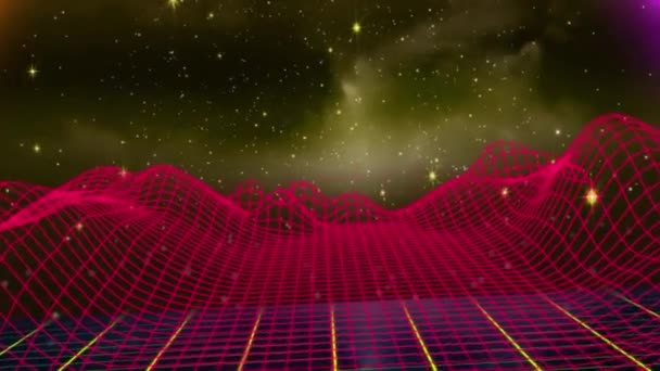 以星空为背景的粉红山地形图显示了明亮的粉色和黄色三角形轮廓的动画 运动和数字绘制的3D地形图 — 图库视频影像