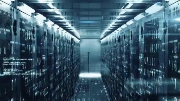 Animation du traitement des données et de l'information numérique circulant à travers le réseau de serveurs informatiques dans une salle de serveurs avec des pistes lumineuses clignotantes à la surface .