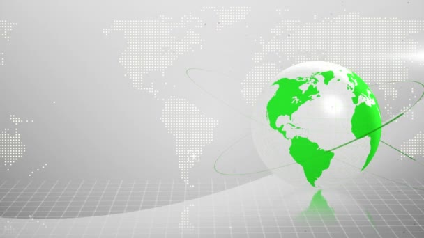 緑の線で回転する白と緑のデジタル地球のアニメーション 世界地図と白の背景に移動するグリッド グローバル技術と情報ネットワークの概念 — ストック動画