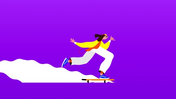 明るい紫色の背景に彼の後ろに白い歩道とスケートボードに乗って手描きの漫画の男のアニメーション 余暇の自由なスポーツと趣味の概念デジタル生成されたイメージ — ストック動画