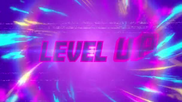 単語とヴィンテージビデオゲーム画面のアニメーション紫色の背景に多色のライトトレイルとピンクの円で輝くピンクの文字で書かれたレベルアップ — ストック動画