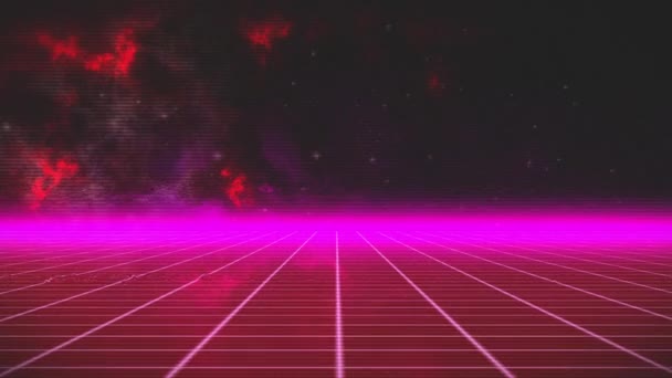 明亮的粉红霓虹灯的动画 以粉红发光的地平线和背景星空的红烟构成的无缝回旋运动 — 图库视频影像