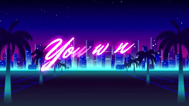 动漫的老式电子游戏屏幕与文字你赢了 用粉红发光的字母书写 城市景观闪耀着光芒 棕榈树林立 公路在无缝的环路上流动 — 图库视频影像