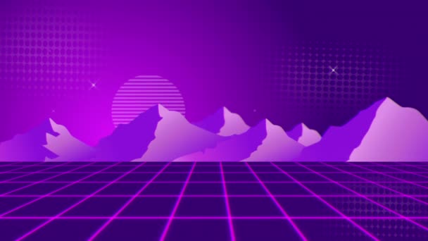 紫色のグリッドと紫のパターン化された空に光の輝く白いスポットと紫の山のアニメーション 夜の風景のデジタルイラスト — ストック動画