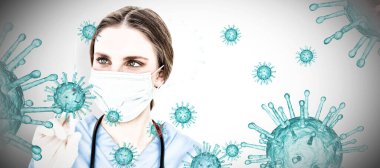 Genç esmer kadın doktor beyaz arka planda koronavirüse karşı iğne yapıyor. Coronavirus testi, küresel salgın konsepti