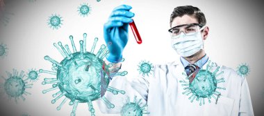 Koruyucu gözlük takan ve ameliyat maskesi takan bir doktor beyaz arka planda koronavirüse karşı test tüpü tutuyor. Coronavirus testi, küresel salgın konsepti