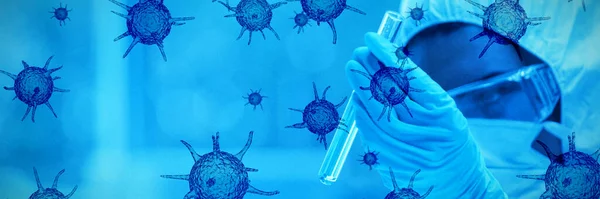 Zöld Koronavírus Ellen Védett Tudós Nézi Veszélyes Folyadék Kémcsövekben Koronavírus — Stock Fotó