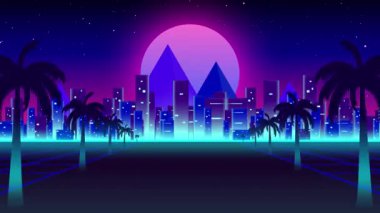 Animasyon, karayolu işaretli düz döngü palmiye ağaçları, şehir manzarası, dağlar ve turkuaz parlak çizgili pembe parlak ay ve gece parlayan yıldızlarla parlayan gökyüzü ile birlikte mavi gradyan gökyüzüne doğru hızla ilerliyor..