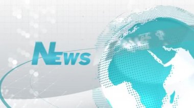 Haberler sözcüğünün mavi, beyaz ve mavi dijital olarak yazılmış animasyonu dönen küre, mavi çizgiler ve beyaz arkaplanda hareket eden ızgara ile bilgi işleme.