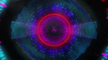 Parlayan mor, pembe ve mavi neon kaleydoskop çemberlerinin animasyonu dijital olarak oluşturulan siyah arkaplanda hipnotik hareketlerle tekrarlanıyor.