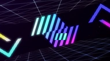 Siyah arkaplanda tekrar eden parlak çok renkli neon ışıklı geometrik şekillerin animasyonu üstte ve altta mor ağ ile birlikte.