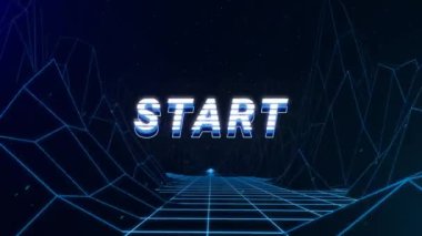 Ekranda görünen ve kaybolan beyaz ve mavi harflerle başlayan eski video oyunu ekran animasyonu. Tertemiz döngü içinde hareket eden, koyu mavi arkaplan üzerinde dağlar..