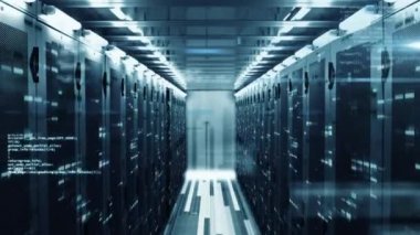 Bilgi işleme ve dijital bilginin animasyonu bir sunucu odasındaki bilgisayar sunucu ağında yüzey üzerinde ışık izleri parlayarak akıyor..