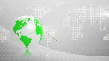 Yeşil çizgiler, dünya haritası ve ızgara ile dönen beyaz ve yeşil dijital dünyanın animasyonu beyaz arkaplanda hareket ediyor. 